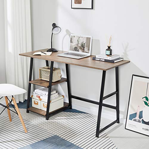 Aingoo Computer Desk with 2 Shelves for Storage Modern Writing Desk with Metal Frame for Home Office,Easy to Assemble, Brown